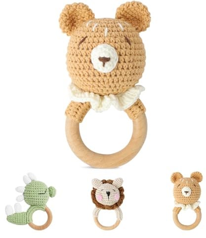 Vicloon Babyrassel Gehäkelte Greifling, Beißring Baby, Holz Beißring gehäkelte Tiere, Zahnring Holz, Niedlicher Greifling für Baby's ab 0 Monate, Baby Geschenk für Mädchen und Jungen - Bär