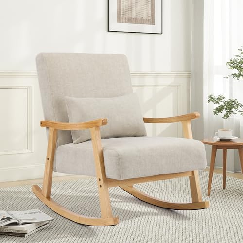 Aunekiv Mid-Century Modern Schaukelstuhl, Schaukelsessel mit Lendenkissen, Gepolsterter Stillsessel mit Holzarmlehnen & Holzbeinen, Bequemer Sessel für Wohnzimmer, Schlafzimmer & Babyzimmer, Grau