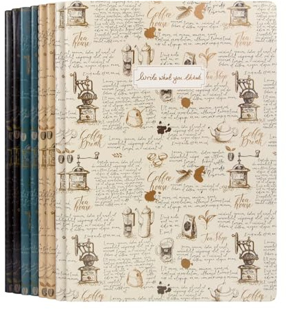 WETLOTE A4 Notizbuch 8er Set mit Fadenheftung, Linien, 48Blatt (96 Seiten), 70g/m², Softcover Vintage Stil (4 Farben) - & Studienhefte für Schule Büro Lernen