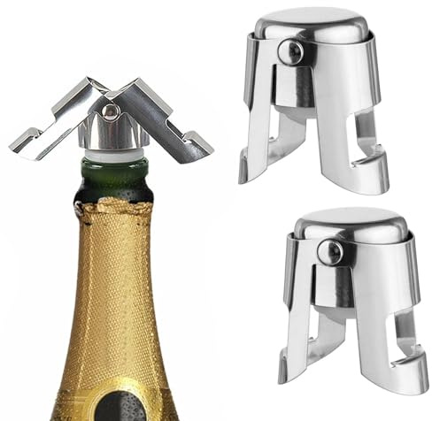 2 PCS Champagne Stoppers - Stainless Steel Sparkling Wine Bottle Compatible, Reusable Wine Stoppers with Food-Grade Silicone, Leak-Proof Champagne Saver Plug for Freshness & Taste Preservation(Silver)