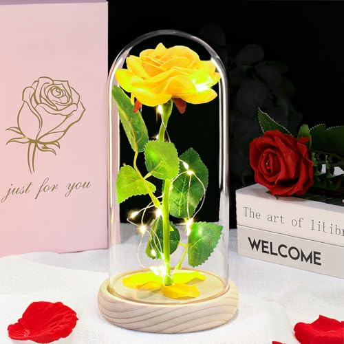 DEEMEI Eternal Roses in Glass with LED Lights, Gifts for Women Mum, Yellow | Birthday Rose Gifts, Mothers Day Light Up Rose in Glass Dome with LED for Mum Wife Daughter Artificial Roses for Anniversary