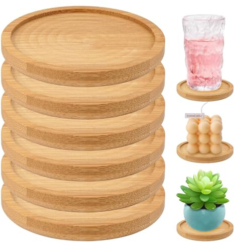 6 Pieces Bamboo Round Coasters Sets, 9 x 1 cm Bamboo Rounds Coasters Set | Bambooes Plant Saucer with Raised Edge, Round Flower Pot Plant Saucers for Indoor, Outdoor, Succulent, Wood Drip Tray(Wood)