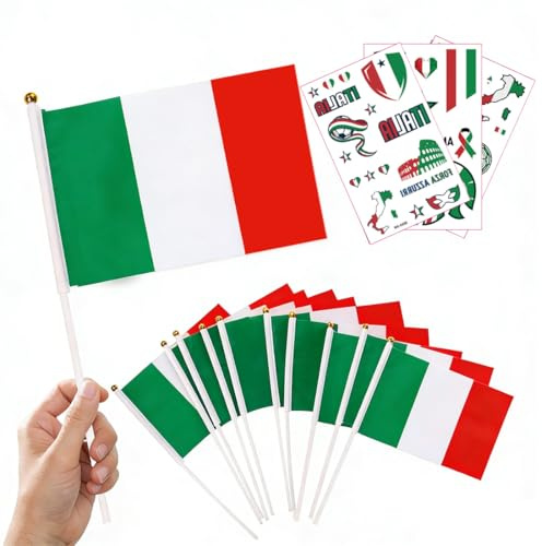 HAPZUR Mini Bandiere Italia 10 Pezzi con Bastoncino & 3 Adesivi Tatuaggio Calcio | Fanartikel per Mondiali 2026, Europei, Deko & Public Viewing
