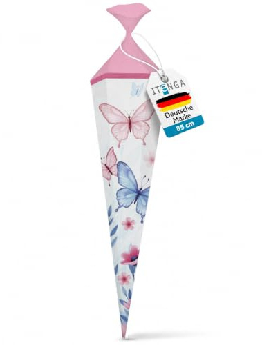 itenga Motiv Schultüte Mädchen 85cm – eckig mit Tüllverschluss – stabile Zuckertüte Einschulung mit Motiv (Einhorn, Pferd, Meerjungfrau, Prinzessin) (Schmetterling Elara)
