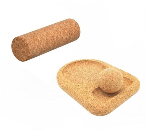 3er-Set Fußmassage aus Kork mit Rolle, Kugel und Korkpad | Kompaktes Kork-Set mit 50-mm-Kugel, 190 x 140 x 20mm Massageplattform und 160 x 50 mm Rolle für gezielte Fußmassage