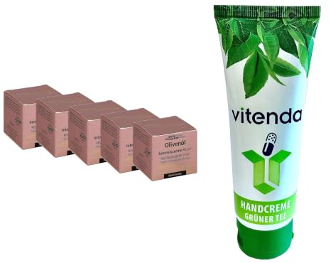 vitenda Set: Reichhaltige Nachtcreme zur Hautregeneration mit medipharma Olivenöl Rosé für trockene reife Haut, 5x50ml – inkl. vitenda Handcreme