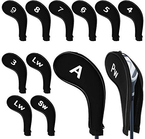 WIOR Golf Club Head Covers, 12Pcs Neoprene Zippered Golf Wedge Iron Covers with Large Number Tags & Long Neck, Protective Mesh Golf Iron Head Covers for Men Women, Fit for Most Standard Irons (Black)
