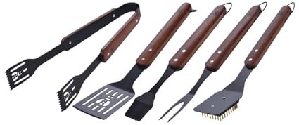 LAGUIOLE Black Edition Set 5 Ustensiles Barbecue, Premium Manche en Bois de Caoutchouc, Acier Inoxydable, Silicone, Portable Kit Voyage Camping Jardin, Cadeaux Homme, Noir - Bois - Noir