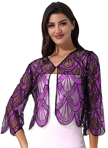 IEFIEL Cárdigan Gasa de Fiesta Para Mujer Chaqueta Chal Verano de Boda Ceremonia Bolero Lentejuelas Para Vestido de Fiesta Mujer Torera Fucsia Talla única