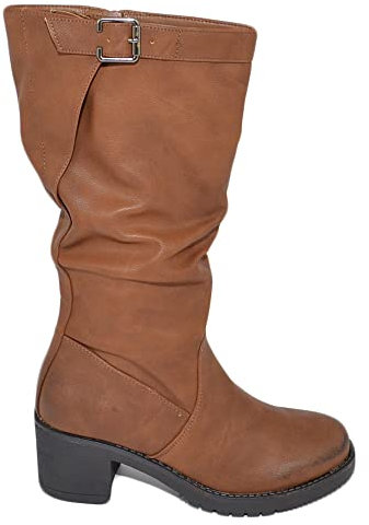 Malu Shoes Stivali donna cuoio altezza biker tinta unita arricciato al polpaccio morbido con fibbia gomma antiscivolo glam moda (39 EU)