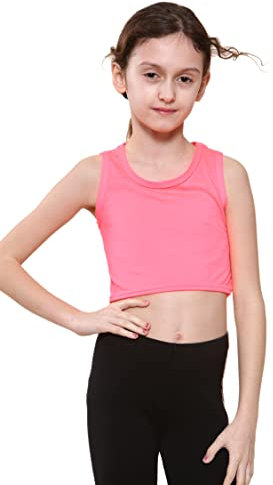 Enfants Filles Néon Fluorescent Gilet Crop Tops T-Shirt Tee Top Vêtements De Danse Gymnastique Déguisement Rose Fluo 5-6 Ans