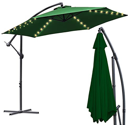 Yakimz Parasol de terrasse en aluminium avec lumière LED solaire - Support réglable en hauteur - Pliable - Protection UV 30+, vert, 3M DE