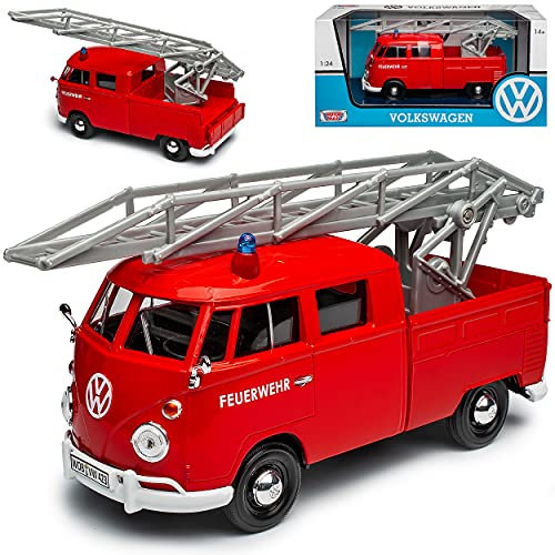 Motormax Volkwagen T1 Feuerwehr mit Drehleiter Rot Samba Bully Bus 1950-1967 1/24 Modell Auto
