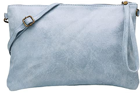SH Leder Echtleder Umhängetasche Clutch im vintage look mittelgross Tasche Abendtasche 33x22cm Clara G396 (Hellblau)