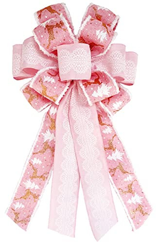 SONGTIY Christmas Tree Topper Bows, Handmade Bowknot with Christmas Tree and Reindeer, 21.3x11.1 Inches Large Size Xmas Decoration for Wedding Birthday New Year Party (Pink)