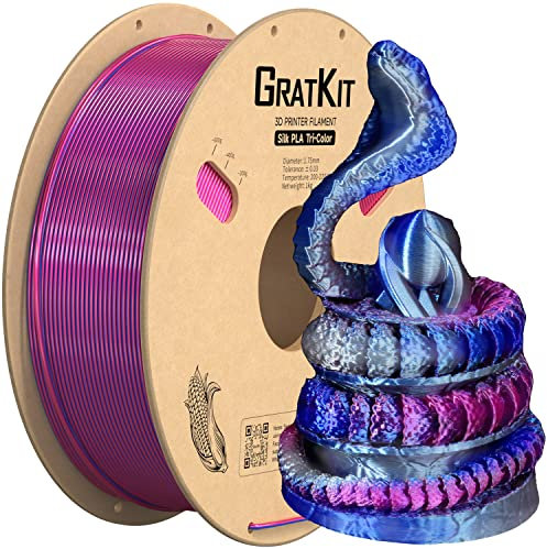 GratKit Tricolor Silk PLA Filament 1,75mm 1kg Spule, Seide Dreifarbiges 3D-Drucker Filament mit +/-0,03mm Präzision, Einfach zu drucken, Gleichmäßige Wicklung, Rosa Blau Und Silber Grau