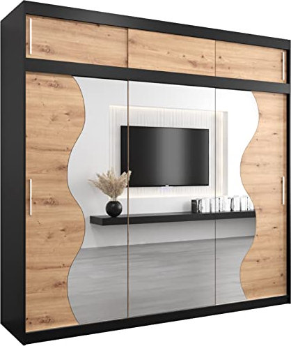 KRYSPOL Schwebetürenschrank Madryt 250 cm mit Spiegel Kleiderschrank mit Kleiderstange und Einlegeboden Schlafzimmer- Wohnzimmerschrank Schiebetüren (Schwarz + Artisan Eiche mit Erweiterung)