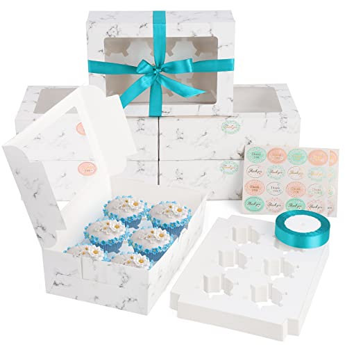 Coolty 20 Stück Cupcake Boxen 6 Löcher Karton Verpackung Boxen Bäckerei Gebäck Boxen mit Fenster und Einsätze für Cookies Muffins Cupcakes Desserts Torten (Marmor Weiß)