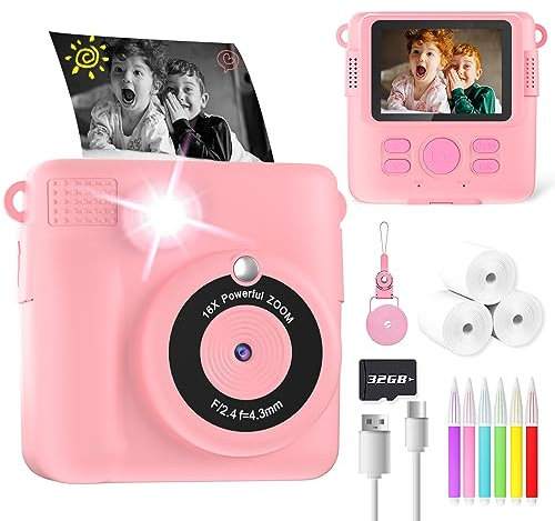YORKOO Kids Instant Camera with Photo Paper, 1080P HD Digital Camera for Girls, Creative Gift for Children Age 4-10, Video Recorder, 32GB SD Card - Pink