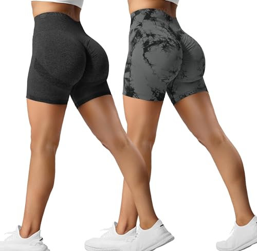 ZAAYO 2er-Pack Sport Short Damen Butt Scrunch Kurze Sporthose Laufhose Hohe Taille Kurze Hosen Butt Lift Booty Nahtlos Fitness Tie Dye Gym Shorts Schwarz - Schwarz Grau Medium