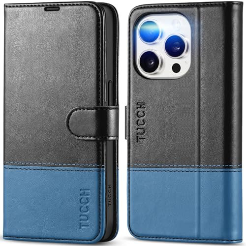 TUCCH Wallet Case for iPhone 15 Pro (6.1) 2023 5G, Magnetic PU Leather Protective Flip Foldable Case with [Shockproof TPU][RFID Blocking][Card Slots]Compatible with iPhone 15 Pro, Black & Light Blue