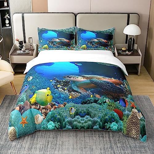 100% Natürliche Baumwolle Meeresschildkröte Bettbezug, 3D Schildkröte Ozean Meerestier Bettwäsche Set 135x200, Unterwasser Oase Quilt Cover, Fisch Reptile Marine Hawaii