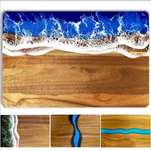 LILKUISYN Handcrafted Acacia Wood Cutting Board Resin Blue Wave Pattern for Kitchen Meal Prep and Serving Versatile Cheese & Charcuterie Board for Meat Vegetable Fruit Gift 15x10 Inch