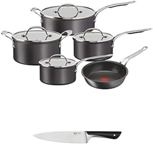 Bundle of Tefal Jamie Oliver Cook’s Classics Pots & Pans Set, 5 Pieces, Non-Stick, Oven-Safe, Induction, Glass Lids, H9125 + Tefal Jamie Oliver Chef Knife, 20cm, German Stainless Steel K2670155, Black