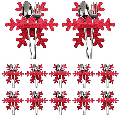 Oneshlee 12Pcs Christmas Cutlery Holders, Felt Christmas Cutlery Bag Set, Christmas Table Decoration, Xmas Silverware Tableware Knife Fork Spoon Holder, Holiday Dinner Party Supplies (Snowflake, Red)