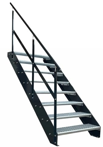 Kaminbau Mierzwa Premium Stahl Treppe mit Geländer Links/Wangen und Geländer Anthrazit RAL 7016/8 Stufen verzinkt (Breite 1000 mm) (Höhe 152 cm) Wetterfest Gitterroststufe Gartentreppe