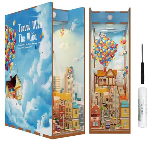 Tonecheer DIY Book Nook Kit Modellbausatz 3D Puzzle aus Holz für Erwachsene zum Baue Miniatur Haus Kit Puppenhäuser Miniatur Haus Kit Bastelset mit Licht Personalisierte Geschenke(Reisen mit dem Wind)