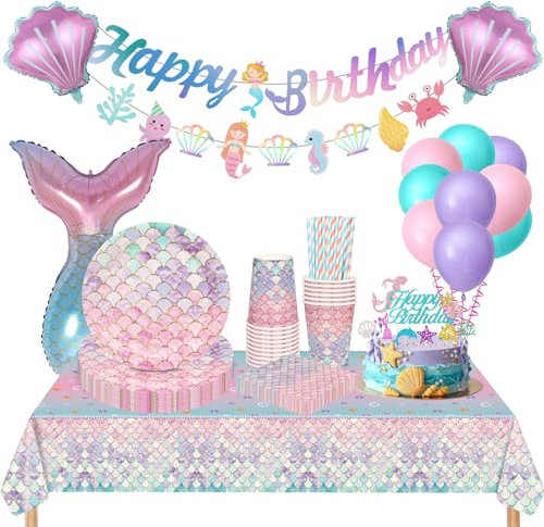 YIMAKJ Mermaid Tableware Set - Mermaid Decorations, Children's Birthday Party Paper Plates, Tablecloths, Cups for Baby Shower Girl Theme Party