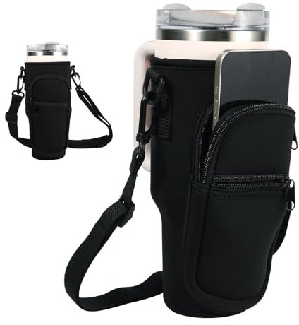 NQEUEPN Water Bottle Holder With Strap, Adjustable Water Bottle Carrier Bag with Phone Pocket for Stanley 40oz Tumbler with Handle Neoprene Water Bottle Carrier Pouch for Travel, Camping (Black)
