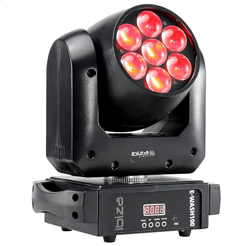 Ibiza - E-WASH100 - Foco ZOOM + WASH con 7 LEDs RGBW 4-EN-1 multicolor- 14/16 canales DMX - Mesa giratoria - Efecto WASH - Fiesta, espectáculo, evento