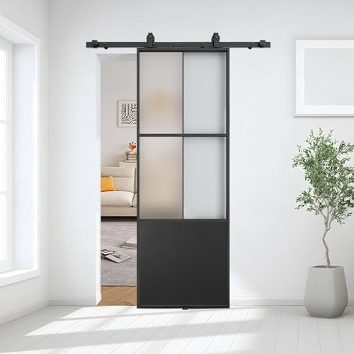 JUBEST 30 x 84 Glass Sliding Barn Door with Top Mounted Hardware Kit Included, 3-Panel Aluminum Frame and Frosted Tempered Glass French Door, Black, Easy to Install