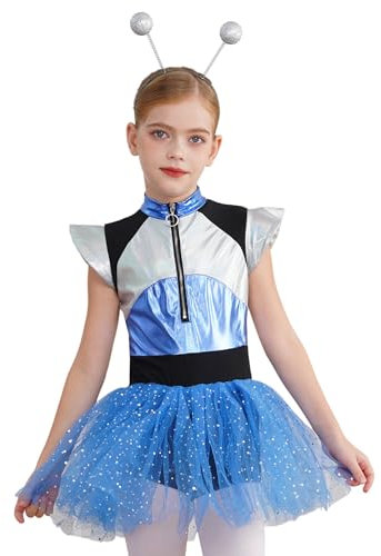 CHICTRY Astronaut Kostüm Mädchen Kinder Metallic Ballettkleid Stehkragen Tanzkleid Mit Tüllrock Alien Stirnband Space Girl Outfit Für Halloween Karneval Blau 146-152