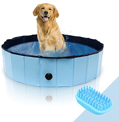 Cecaylie Zusammenklappbarer Hundepool für Große & Kleine Hunde, 120 x 30cm Swimmingpool mit Ablassventil, Auslaufsicher, für Drinnen und Draußen, rutschfest Tragbar Hundebadewanne Hundebad Blau