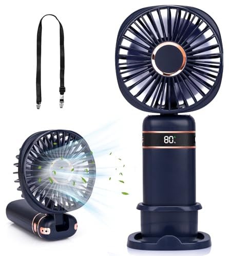 Ventilador de mano, 20 horas + ventiladores de mano USB portátiles recargables con 5 velocidades y pantalla de alimentación, ventilador de escritorio con pilas, pequeño ventilador personal con base,