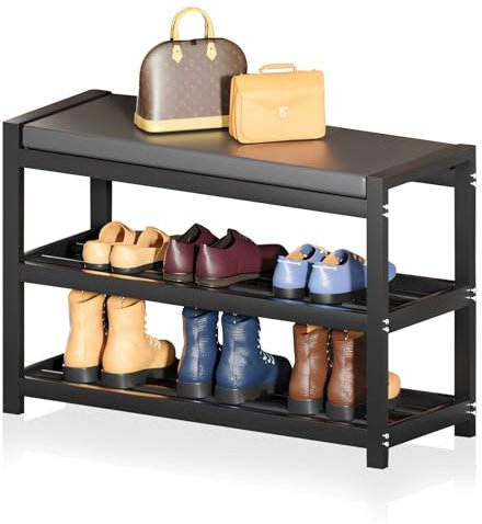 Gemsaya Schuhbank mit Sitzfläche, Metall Schuhregal mit 3 Ebenen, bis 150 kg belastbar, 65 x 25 x 41,5 cm, Schwarz Kohlenstoffstahl Sitzbank Schuhschrank Schuhständer für Eingang, Flur, Wohnzimmer