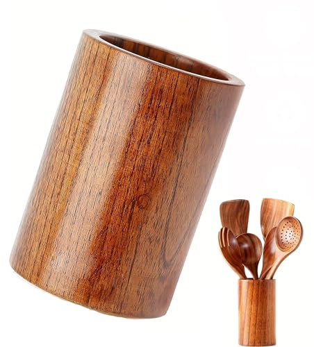 trabag Soporte para utensilios de cocina de madera, redondo, de madera, soporte para utensilios de cocina, organizador de palillos, almacenamiento para espátulas, cubiertos y cucharas (15 x 8,7 cm)