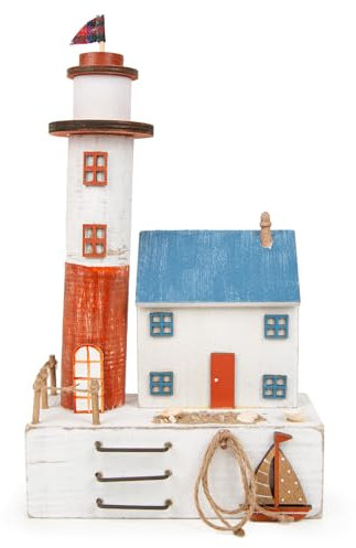 Logbuch-Verlag Strandhaus mit Leuchtturm als Maritime Deko in blau weiß und rot 17 x 30 x 8 cm Küste Meer Deko