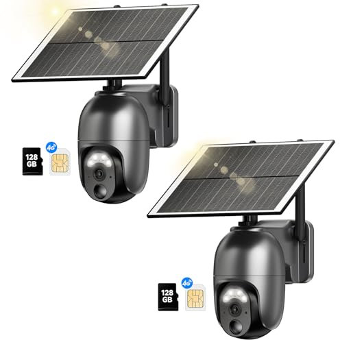 NUASI 4G Telecamera Esterno con SIM e 128G Scheda【2 Pezzi】, 2K 360° PTZ Telecamere Senza Fili con Pannello Solare Batterie, Visione Notturna a Colori, Audio Bidirezionale, PIR Rilevamento, IP66