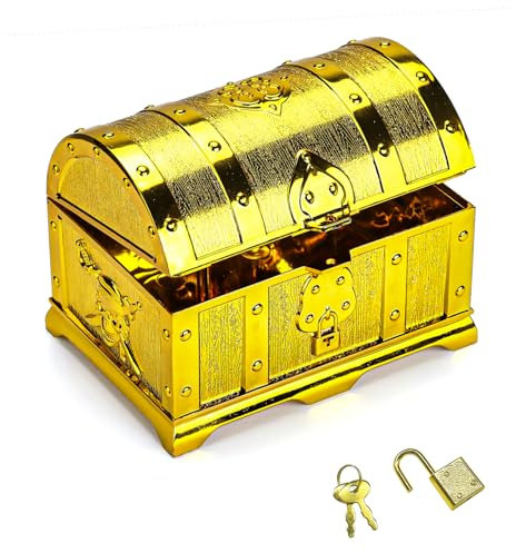 FYSL Schatztruhe Kinder, Schatzkiste Kindergeburtstag, Goldene Piraten Schatztruhe, Piratenkiste mit Deckel für Aufbewahren Und Dekorieren, Piratenparty Geburtstags 14 x 9.7 x 9.5 cm