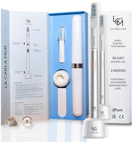 Sonic Electric Toothbrush & Accessories, 2 Brush Heads, USB, 45 Day Battery, Smart Timer, 3 Modes, Ideal for Sensitive Teeth, Travel, Toothbrush Electric (Silver)
