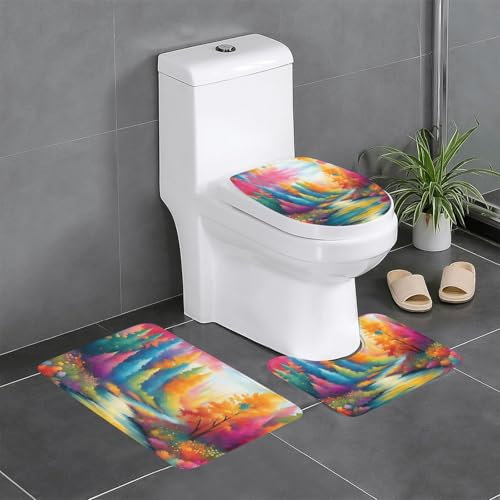 WHJYYXDE Rutschfeste Bodenmatte mit bunten Kunstdrucken, dreiteiliges Set, 61 x 40,6 cm, Badezimmerteppich, geeignet für Badezimmer-Suiten