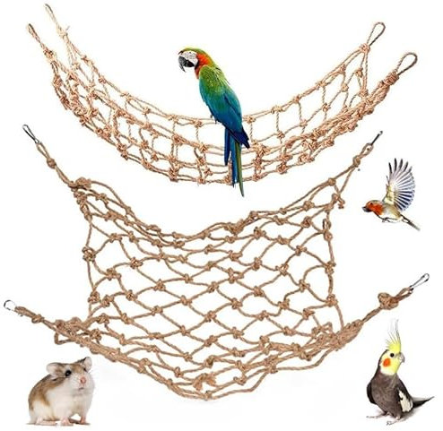 CQJ 2 Packs Natural Bird Rope Net Parrot Swing Hammock for Birds Parrot Ladder Macaw Hanging Hammock Activity Toy for Rats Parakeet Cockatiel Cockatoo Conure African Grey Budgie (L 20 * 16inch)