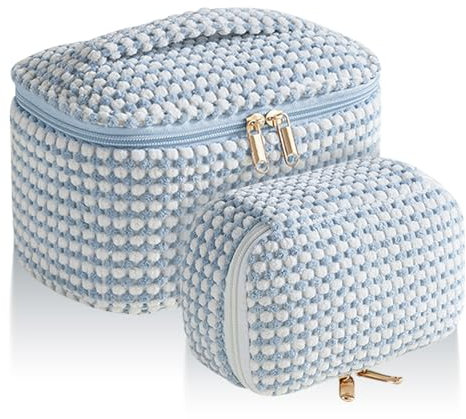 Kytpyi Pochette Maquillage, Trousse Maquillage Voyage, 2 Pièces Velours Côtelé Trousse Maquillage la Mode avec Compartiments, Trousse de Toilette Portable pour Voyage Date Party (Points Bleus)