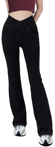 LaiEr Damen V Crossover Hohe Taille Bauchkontrolle Casual Fitness Skinny Yoga Hosen, Faux Denim Print Frauen Bootcut Yoga Hosen, ausgestellte Fitness Hosen mit Seitentaschen(Black M)