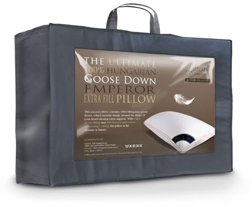 Littens Extra Filled 50cm x 100cm Emperor Size Ultimate Collection 100% Hungarian Goose Down Side Sleeper Pillow 300TC Down-Proof Cotton Jacquard, Gold Piping, Long (20 x 40)