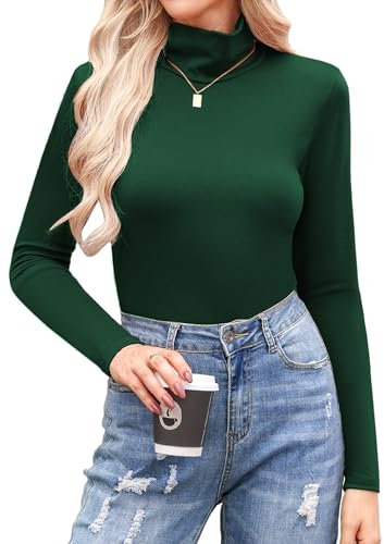 Aottori Turtle Neck Tops Womens Long Sleeve Top T Shirts Ladies Roll Neck Base Layer Soft Lightweight Thermal Underwear Basic Pullover A-Green M